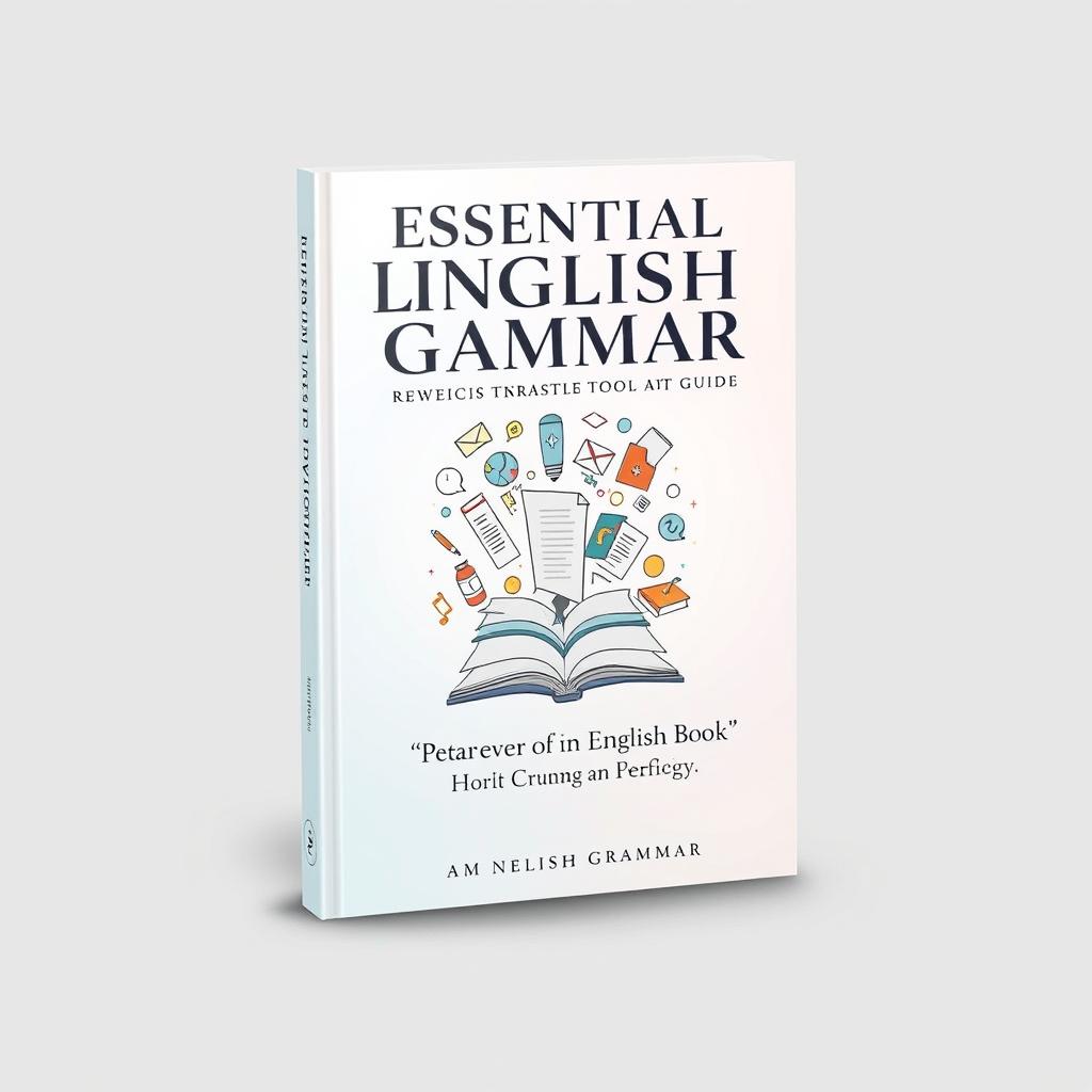 A book cover design for an English grammar book titled "Essential Linguistic Mastery Tool & Guide"