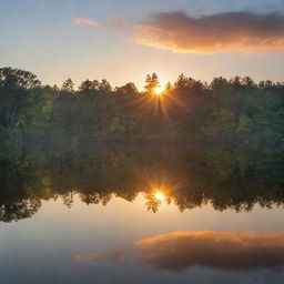 A radiant sunrise over a tranquil lake, with reflections dancing on the water's surface