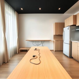 Modern kitchen interior with the right wall featuring a sink and refrigerator