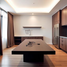 Modern kitchen interior with the right wall featuring a sink and refrigerator