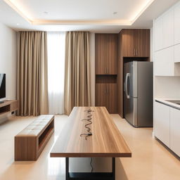 Modern kitchen interior with the right wall featuring a sink and refrigerator