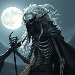 A male Shadar-kai soldier, embodying the essence of a Shadow Dancer, is depicted as an elf with a skeletal frame and skin resembling old parchment, reflecting the distinctive traits of his race