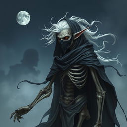 A male Shadar-kai soldier, embodying the essence of a Shadow Dancer, is depicted as an elf with a skeletal frame and skin resembling old parchment, reflecting the distinctive traits of his race