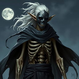 A male Shadar-kai soldier, embodying the essence of a Shadow Dancer, is depicted as an elf with a skeletal frame and skin resembling old parchment, reflecting the distinctive traits of his race