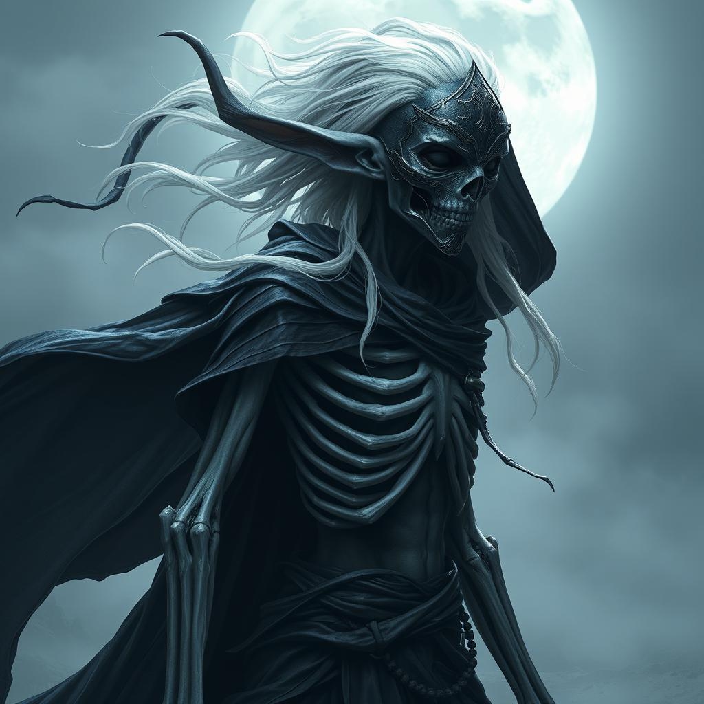 A male Shadar-kai soldier, embodying the essence of a Shadow Dancer, is depicted as an elf with a skeletal frame and skin resembling old parchment, reflecting the distinctive traits of his race