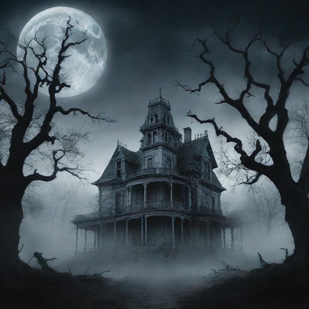 An eerie and haunting book cover with a desolate haunted mansion under a full moon with swirling mist and dead trees in the foreground, text title in bold, ominous typography.