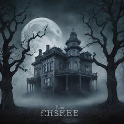 An eerie and haunting book cover with a desolate haunted mansion under a full moon with swirling mist and dead trees in the foreground, text title in bold, ominous typography.