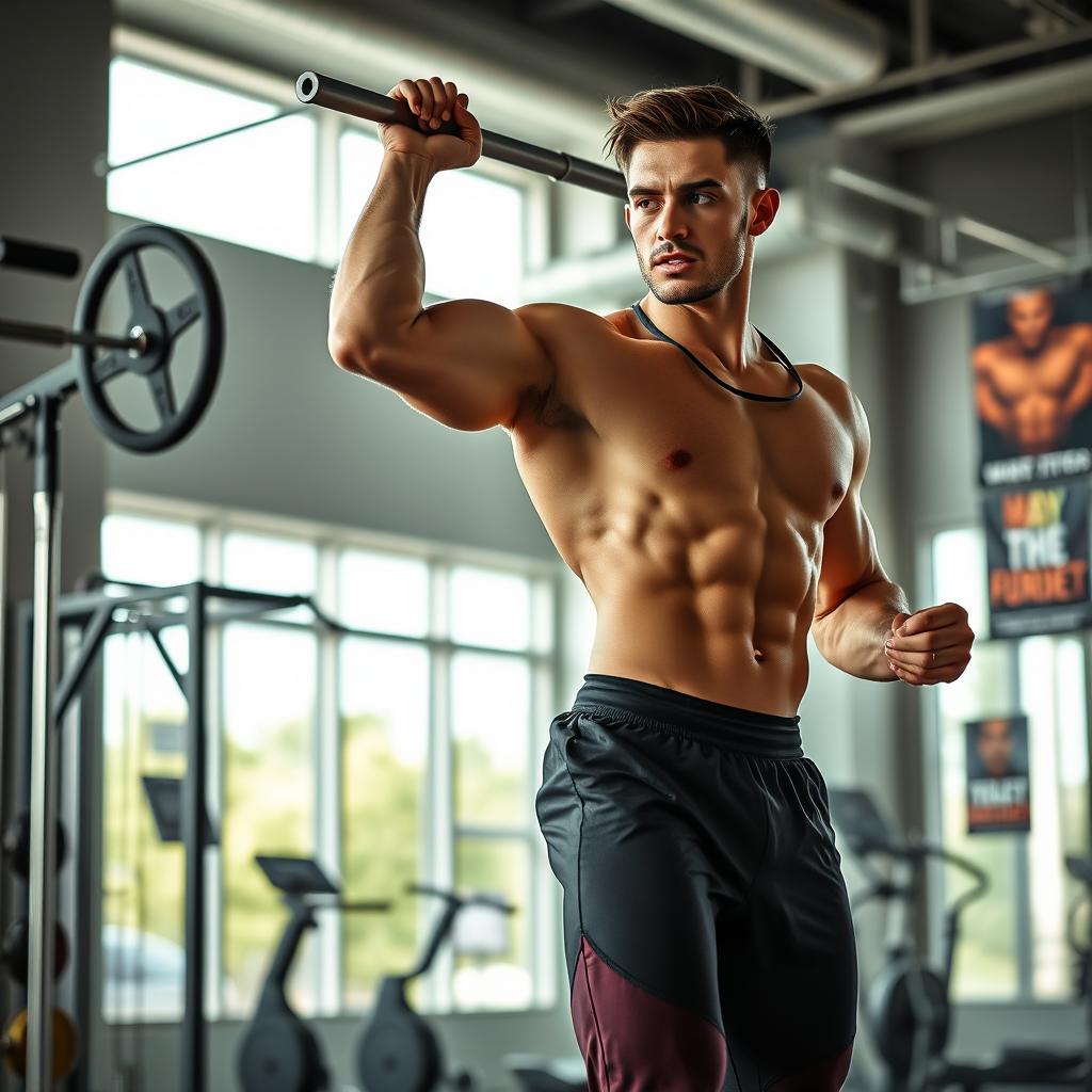 An athletic individual engaging in a dynamic workout session in a modern gym environment, showcasing a variety of exercises such as weightlifting, cardio, and stretching