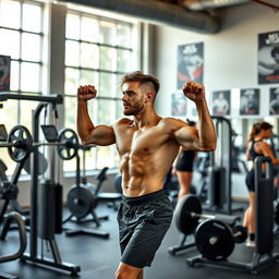 An athletic individual engaging in a dynamic workout session in a modern gym environment, showcasing a variety of exercises such as weightlifting, cardio, and stretching