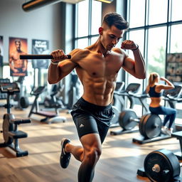 An athletic individual engaging in a dynamic workout session in a modern gym environment, showcasing a variety of exercises such as weightlifting, cardio, and stretching