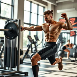 An athletic individual engaging in a dynamic workout session in a modern gym environment, showcasing a variety of exercises such as weightlifting, cardio, and stretching