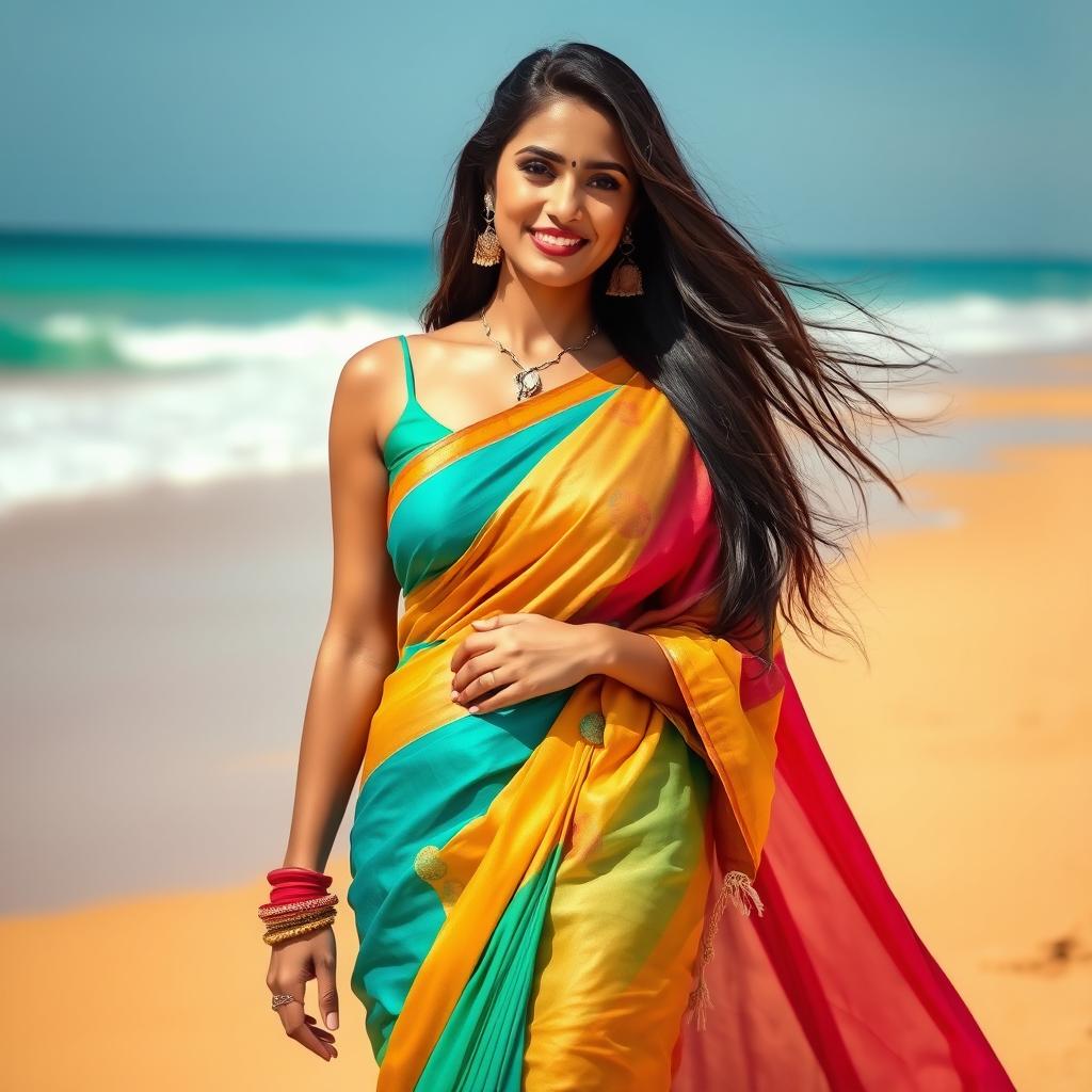 Gorgeous Indian woman on a sunny beach, wearing an elegant half saree that flows gracefully