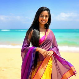 Gorgeous Indian woman on a sunny beach, wearing an elegant half saree that flows gracefully