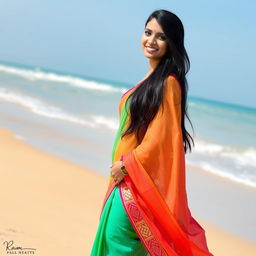 Gorgeous Indian woman on a sunny beach, wearing an elegant half saree that flows gracefully