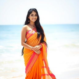 Gorgeous Indian woman on a sunny beach, wearing an elegant half saree that flows gracefully