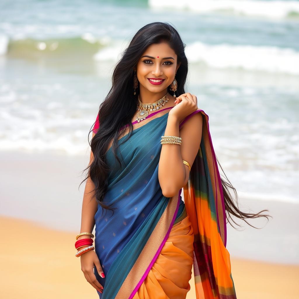 A beautiful Indian woman with an elegant half saree at the beach