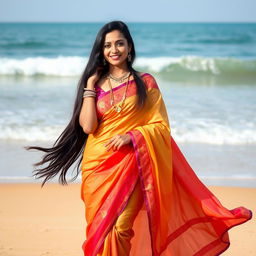 A beautiful Indian woman with an elegant half saree at the beach