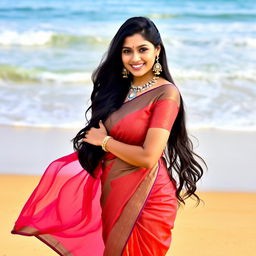 A beautiful Indian woman with an elegant half saree at the beach