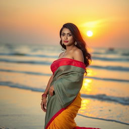 A stunning Indian young woman at the beach, gracefully wearing a half saree that flows elegantly in the breeze, accentuating her voluptuous figure with a focus on her big bosom