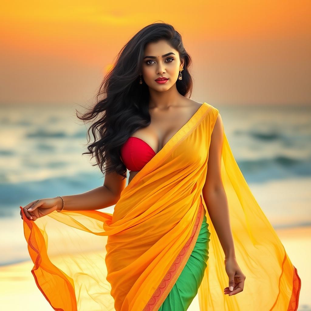 A stunning Indian young woman at the beach, gracefully wearing a half saree that flows elegantly in the breeze, accentuating her voluptuous figure with a focus on her big bosom