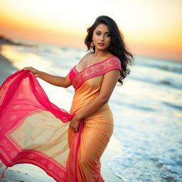 A stunning Indian young woman at the beach, gracefully wearing a half saree that flows elegantly in the breeze, accentuating her voluptuous figure with a focus on her big bosom