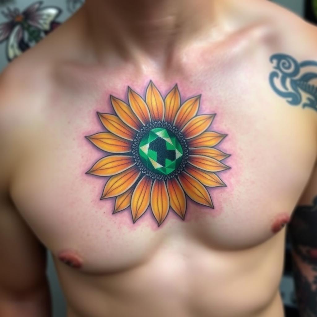 A detailed, colorful tattoo on the left pec of a man's chest, featuring a sunflower with a vibrant emerald stone at its center