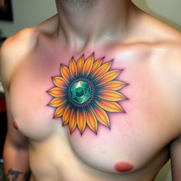 A detailed, colorful tattoo on the left pec of a man's chest, featuring a sunflower with a vibrant emerald stone at its center