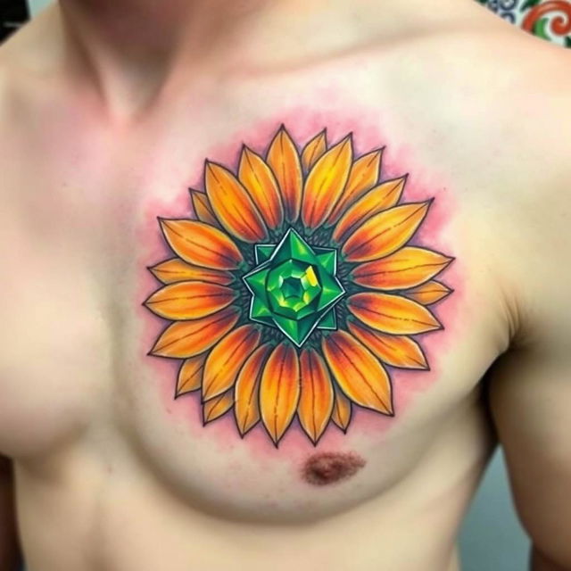 A detailed, colorful tattoo on the left pec of a man's chest, featuring a sunflower with a vibrant emerald stone at its center