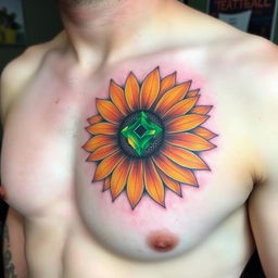 A detailed, colorful tattoo on the left pec of a man's chest, featuring a sunflower with a vibrant emerald stone at its center