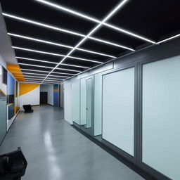 A futuristic office design in a 2500 sq ft area featuring a 20ft by 30ft video studio, tailored seating zones for the IT and sales departments, accommodating space for a total of 40 employees.