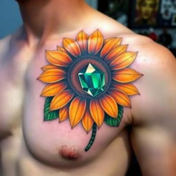 A vibrant and detailed tattoo on the left pec of a man's chest, depicting a sunflower with an exquisite emerald stone at its center