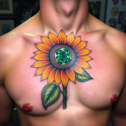 A vibrant and detailed tattoo on the left pec of a man's chest, depicting a sunflower with an exquisite emerald stone at its center