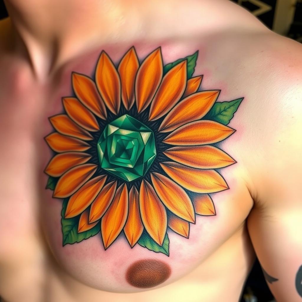 A vibrant and detailed tattoo on the left pec of a man's chest, depicting a sunflower with an exquisite emerald stone at its center