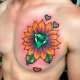 A vibrant and colorful tattoo on the left pec of a man's chest, featuring a sunflower with an emerald stone as its center