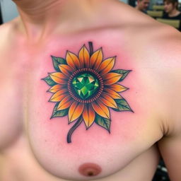 A vibrant and colorful tattoo on the left pec of a man's chest, featuring a sunflower with an emerald stone as its center