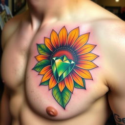 A vibrant and colorful tattoo on the left pec of a man's chest, featuring a sunflower with an emerald stone as its center