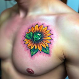 A vibrant and colorful tattoo on the left pec of a man's chest, featuring a sunflower with an emerald stone as its center