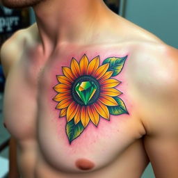 A vibrant and colorful tattoo on the left pec of a man's chest, featuring a sunflower with an emerald stone as its center