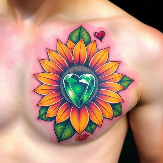 A vibrant and colorful tattoo on the left pec of a man's chest, featuring a sunflower with an emerald stone as its center