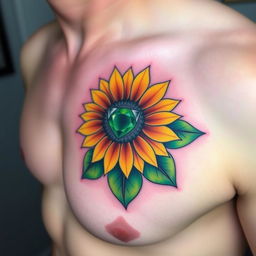 A vibrant and colorful tattoo on the left pec of a man's chest, featuring a sunflower with an emerald stone as its center