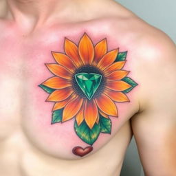 A vibrant and colorful tattoo on the left pec of a man's chest, featuring a sunflower with an emerald stone as its center