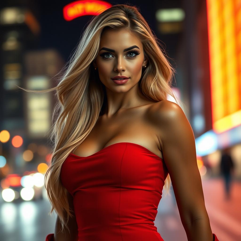 A stunning, sexy woman with long flowing blonde hair, wearing a form-fitting red dress that accentuates her curves