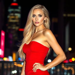 A stunning, sexy woman with long flowing blonde hair, wearing a form-fitting red dress that accentuates her curves