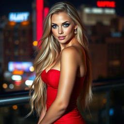 A stunning, sexy woman with long flowing blonde hair, wearing a form-fitting red dress that accentuates her curves