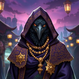 A male kenku character, draped in dark purple robes adorned with bright and intricate patterns