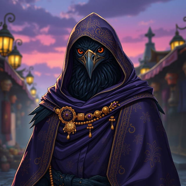 A male kenku character, draped in dark purple robes adorned with bright and intricate patterns