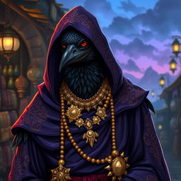 A male kenku character, draped in dark purple robes adorned with bright and intricate patterns