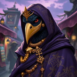 A male kenku character, draped in dark purple robes adorned with bright and intricate patterns