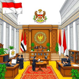 A detailed illustration of the Ombudsman of the Republic of Indonesia, showcasing the official emblem and office setting