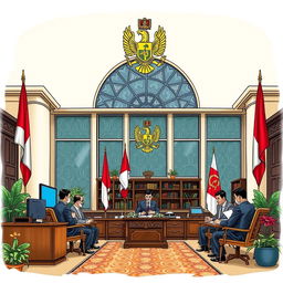 A detailed illustration of the Ombudsman of the Republic of Indonesia, showcasing the official emblem and office setting